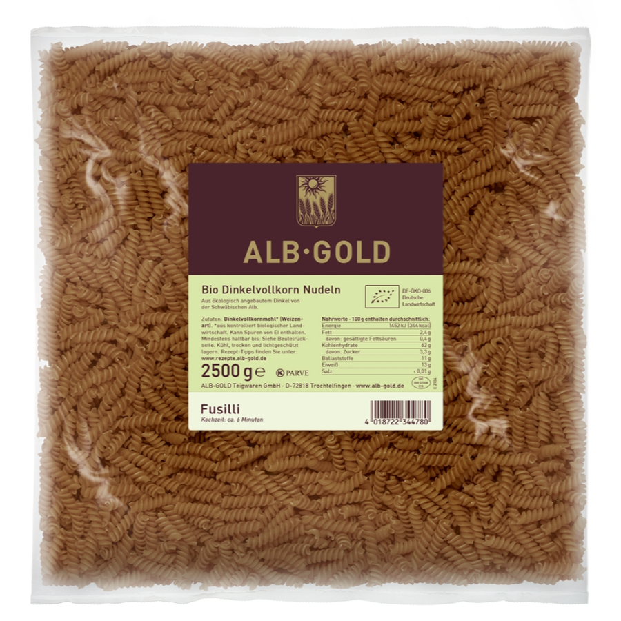 Bio Dinkel-Vollkorn Fusilli, Vorratsgröße 2,5 kg