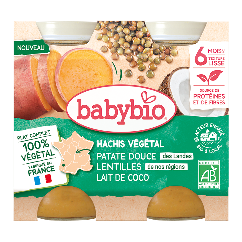 Petits Pots Midi Hachis Végétal Bio - Patate Douce des Landes Lentilles de nos Régions Lait de Coco (dès 6 mois) - 2x200g