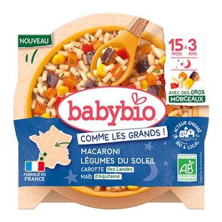 Menu soir macaroni et légumes du soleil, dès 15mois, bio