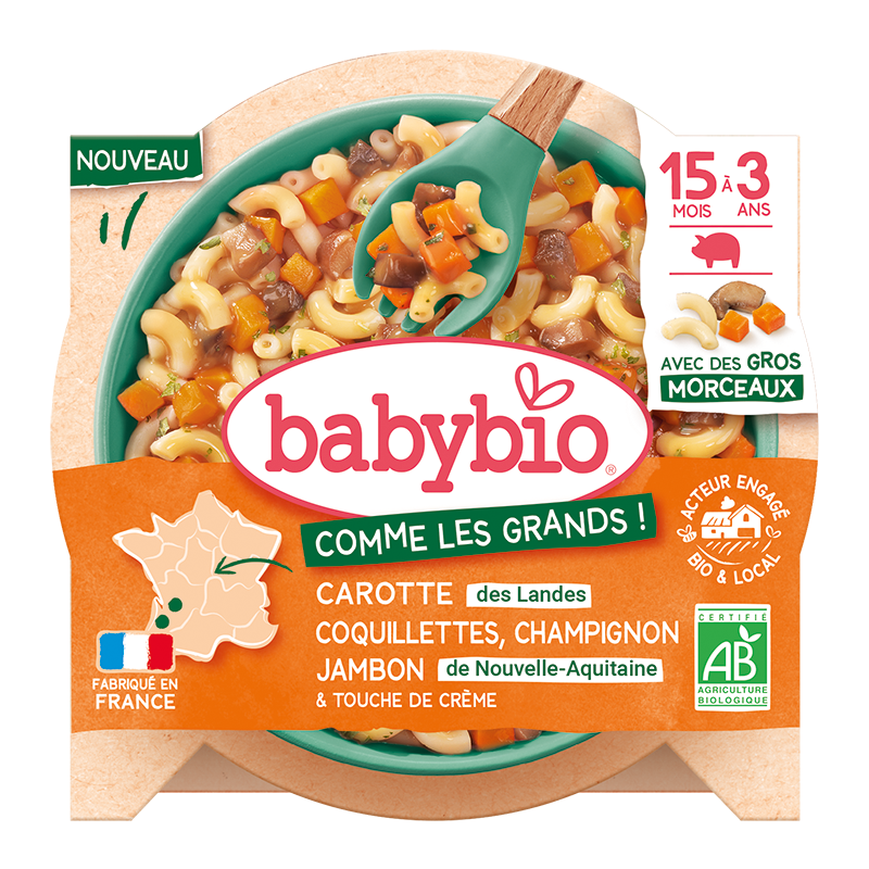 Menu Midi Carotte Coquillette Jambon et Crème, Dès 15mois Bio