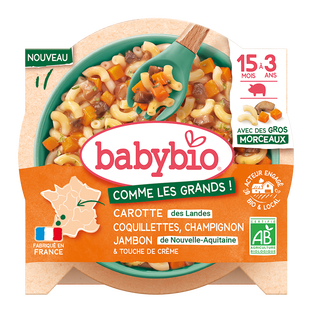 Menu Midi Carotte Coquillette Jambon et Crème, Dès 15mois Bio