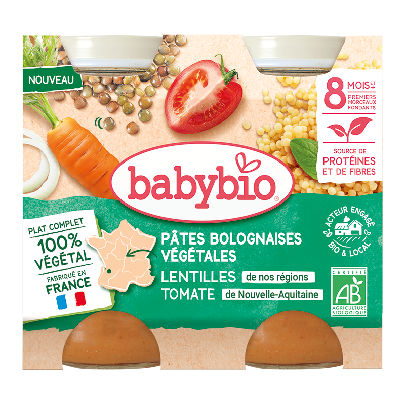 Petits pots midi pâtes bolognaises végétales bio - carottes des Landes lentilles de nos régions tomates de nouvelle-Aquitaine (dès 8 mois) - 2x200g