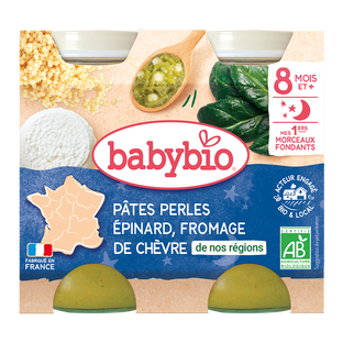 Petits Pots Soir Pâtes Perles Epinards & Fromage de Chèvre Bio - Morceaux Fondants (dès 8 mois) - 2x200g