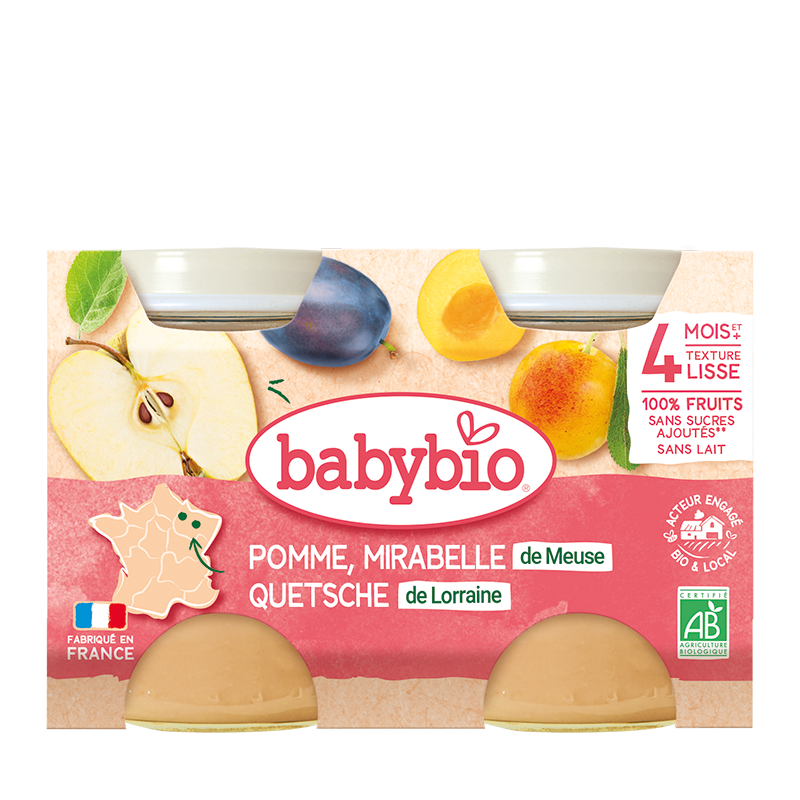 Petits pots pomme mirabelle de meuse quetshe de Lorraine, dès 4 mois, bio