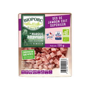 Dés de jambon cuit supérieur sans nitrites bio