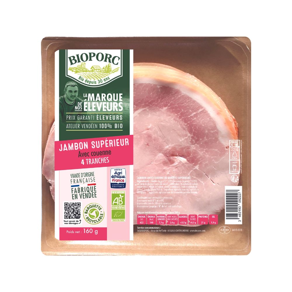 Jambon cuit supérieur avec couenne bio x4