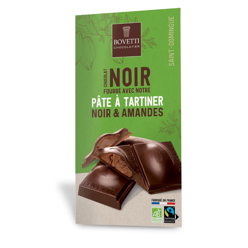 Tablette chocolat noir fourrée à la pâte à tartiner noir et amandes bio