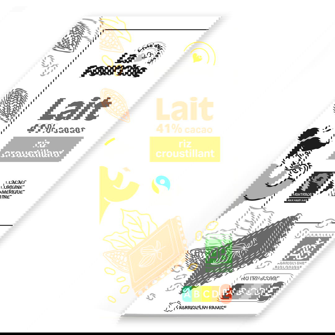Chocolat au Lait 41% et Riz Croustillant Bio et Équitable