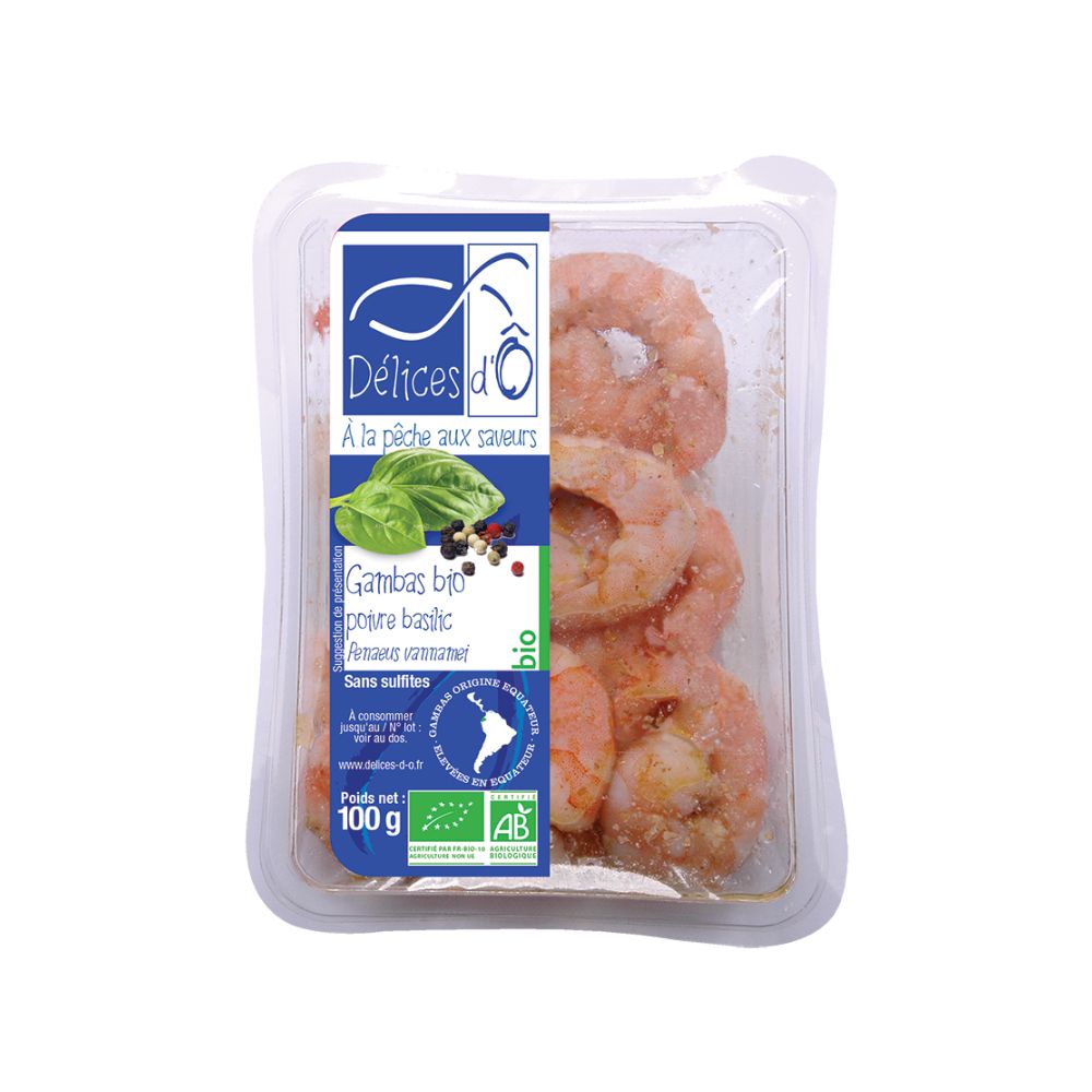 Gambas cuites décortiquées bio marinées au poivre et basilic