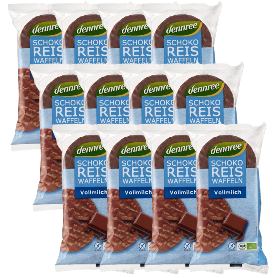 Bio Schokoreiswaffeln Vollmilch, glutenfrei, Karton 12 Stk.