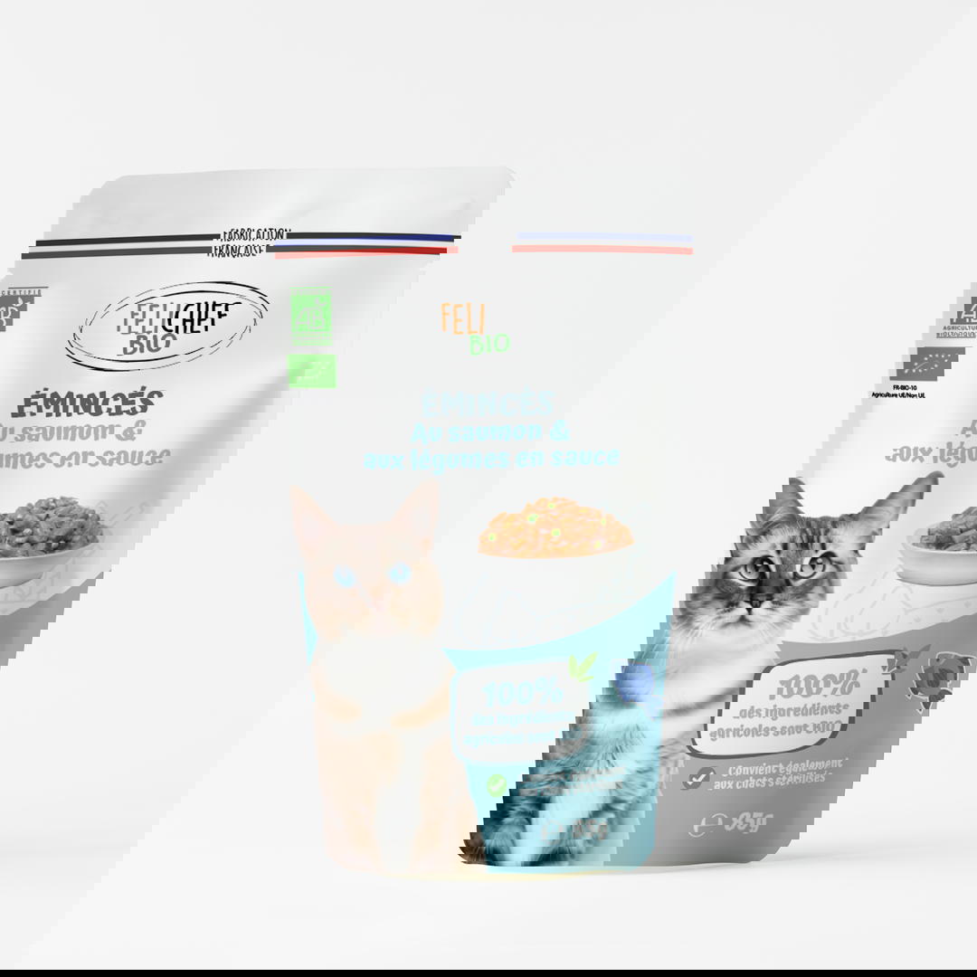 Pochons x12 emincé pour chat au saumon bio