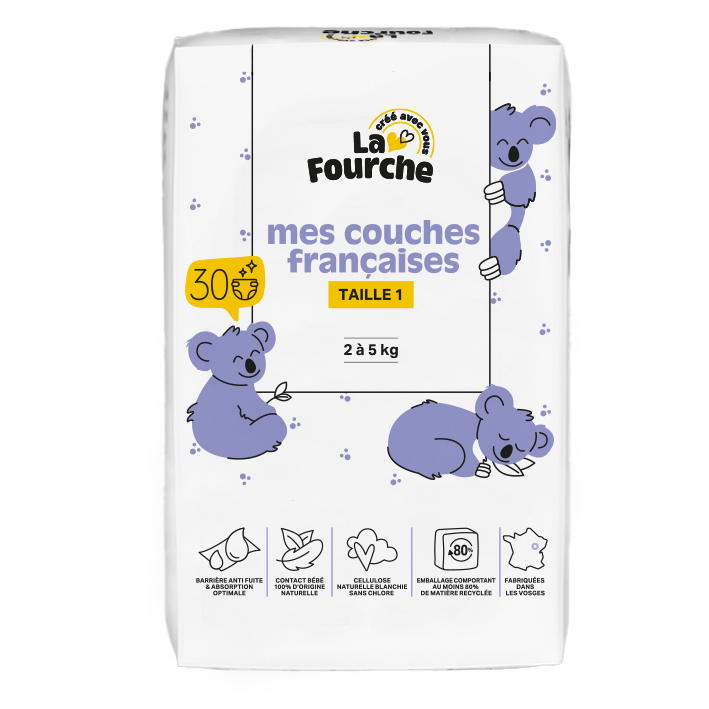 Couches françaises T1 (2 - 5 kg) avec matières d'origine naturelle x 30