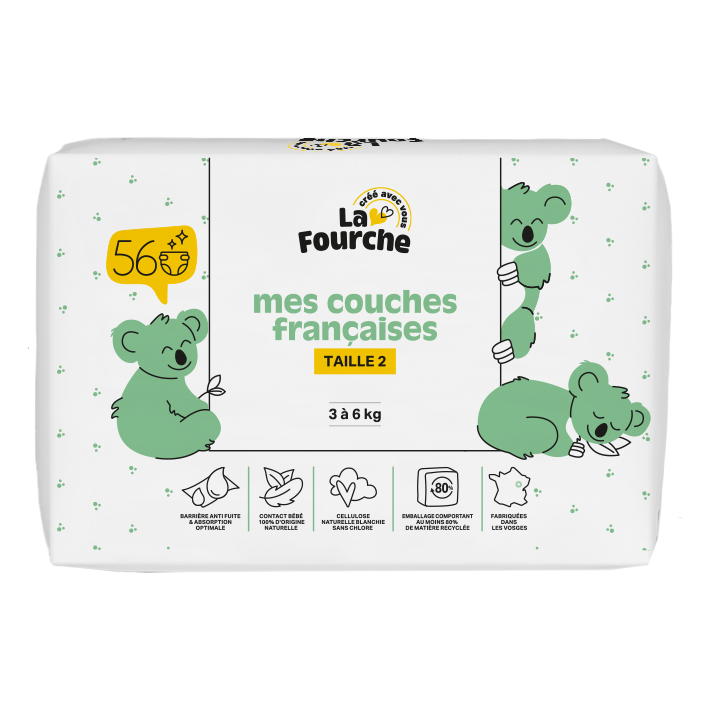 Couches françaises T2 (3 - 6 kg) avec matières d'origine naturelle x 56