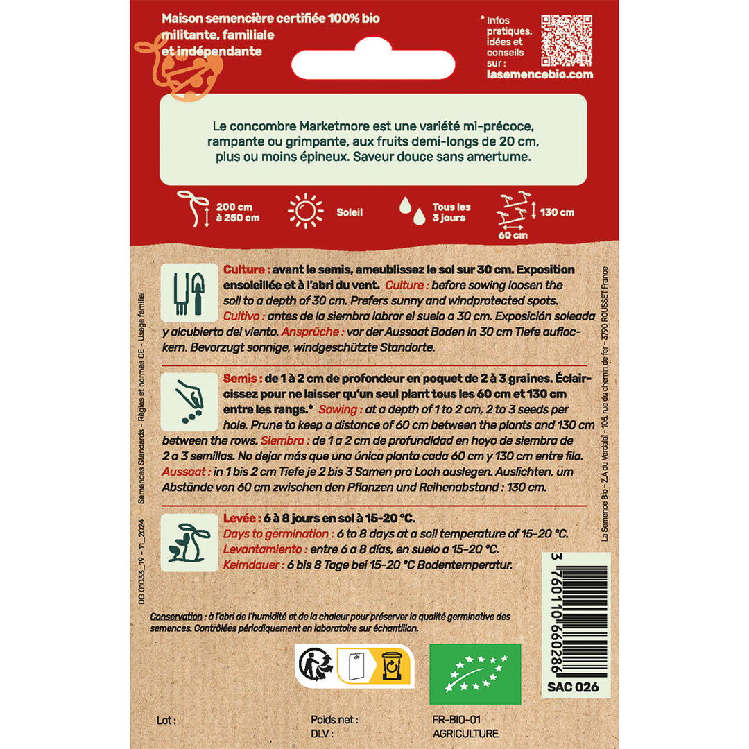 Graines Bio de Concombre Variété Marketmore