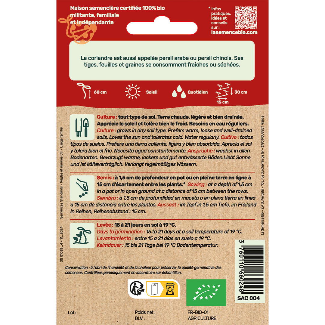 Graines Bio de Coriandre Variété À Petites Graines