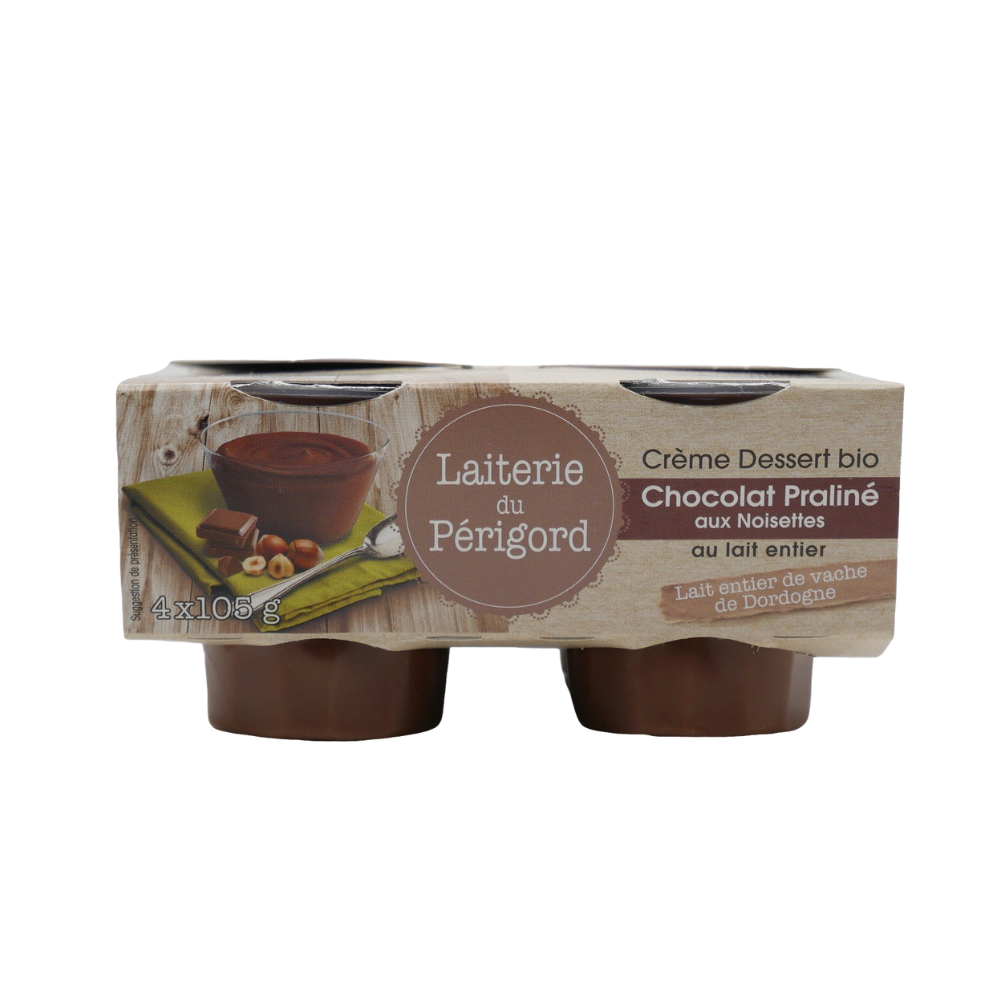 Crème dessert chocolat praliné aux noisettes bio et équitable x4