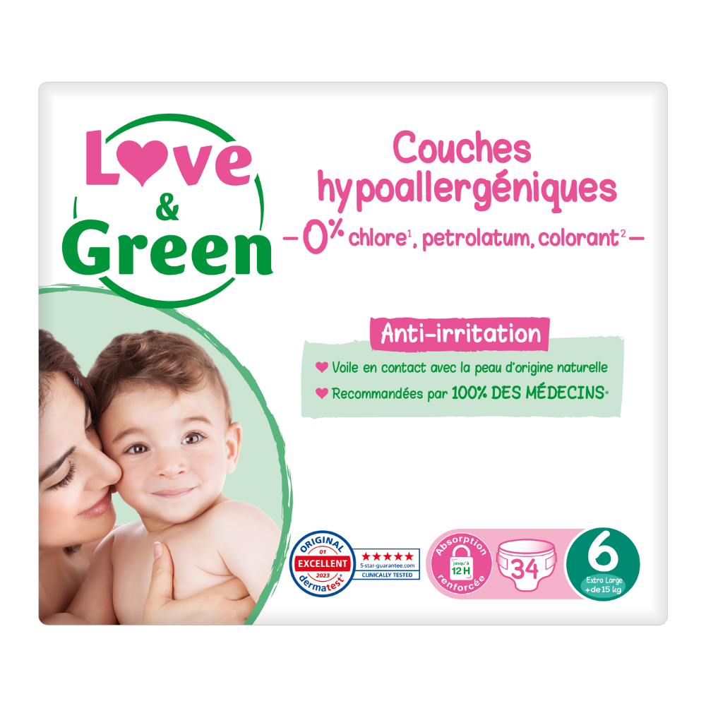 Couches T6 (15kg et +) Hypoallergéniques x 34