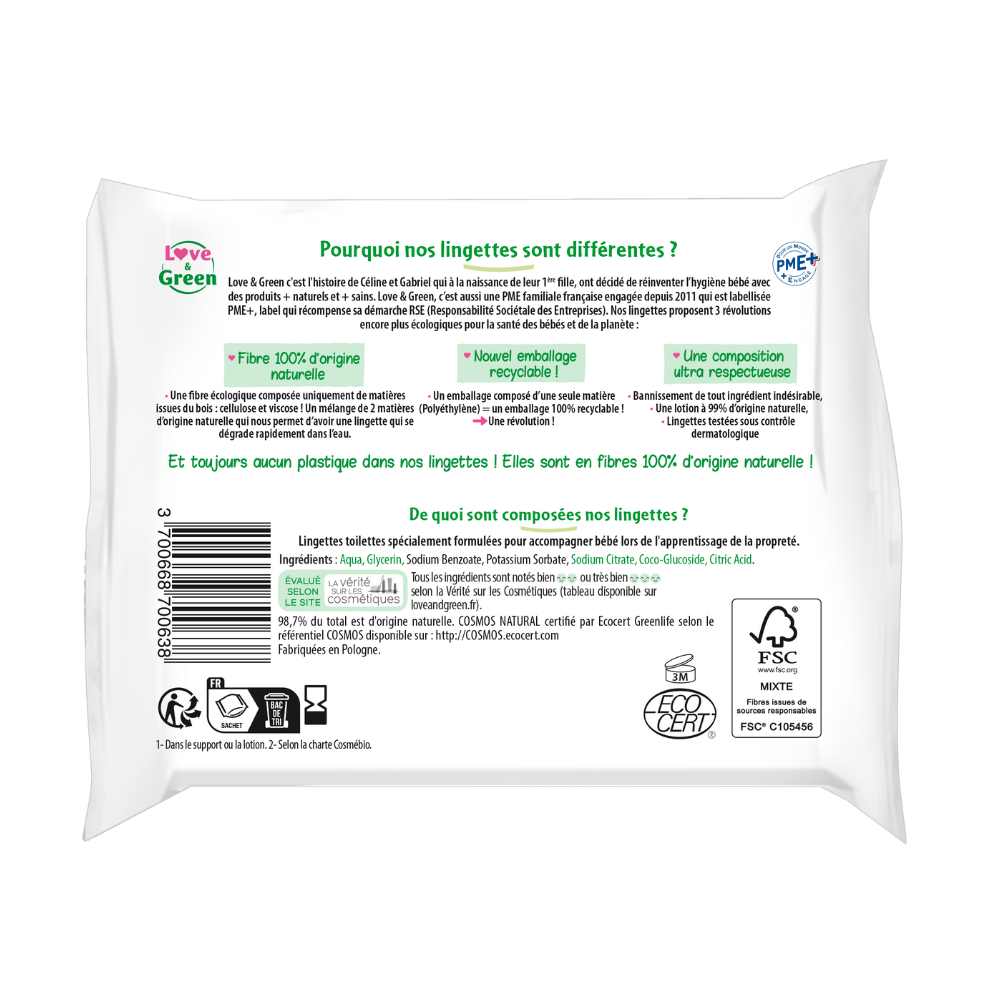 Lingettes Toilettes Fibres d’origine naturelle (cellulose et viscose) x 55
