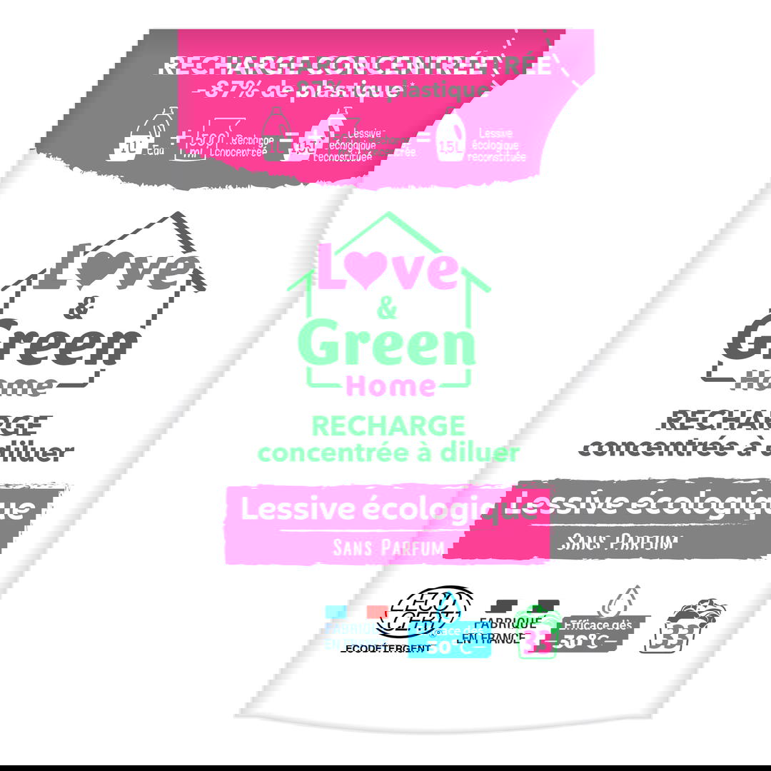 Recharge concentrée à diluer de lessive sans parfum hypoallergénique certifiée Ecodétergent