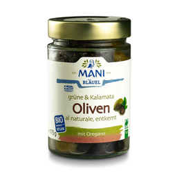 Bio Grüne & Kalamata Oliven, entkernt